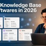 Professional blog cover image showing a man working on a laptop beside a dashboard featuring top knowledge base softwares including Slite, Notion, Confluence, Document360, and Nuclino with the title “Best Knowledge Base Softwares in 2026”.