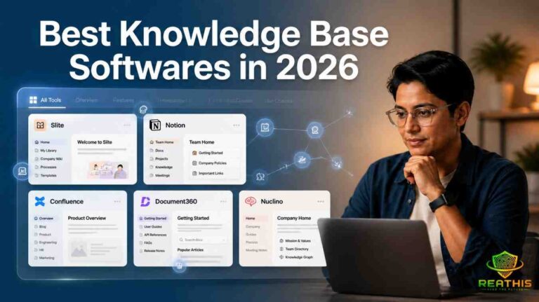 Professional blog cover image showing a man working on a laptop beside a dashboard featuring top knowledge base softwares including Slite, Notion, Confluence, Document360, and Nuclino with the title “Best Knowledge Base Softwares in 2026”.