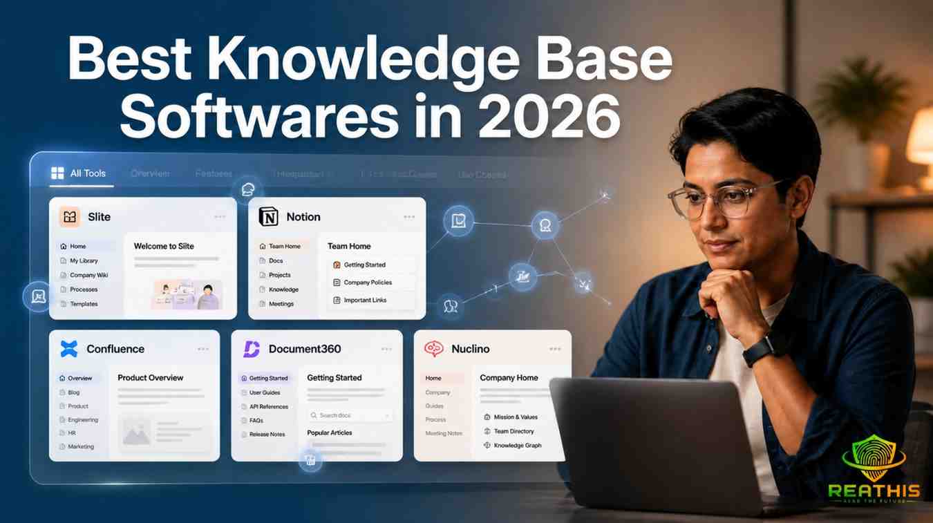 Professional blog cover image showing a man working on a laptop beside a dashboard featuring top knowledge base softwares including Slite, Notion, Confluence, Document360, and Nuclino with the title “Best Knowledge Base Softwares in 2026”.