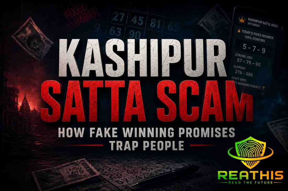 Dark awareness-style blog cover showing Kashipur Satta scam warnings, fake gambling predictions, money loss visuals, and a smartphone displaying manipulated betting numbers.