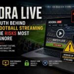 A professional blog banner showing a football streaming website on a laptop with warning signs about malware, fake ads, scam links, and the hidden risks of free football streaming platforms like Koora Live.