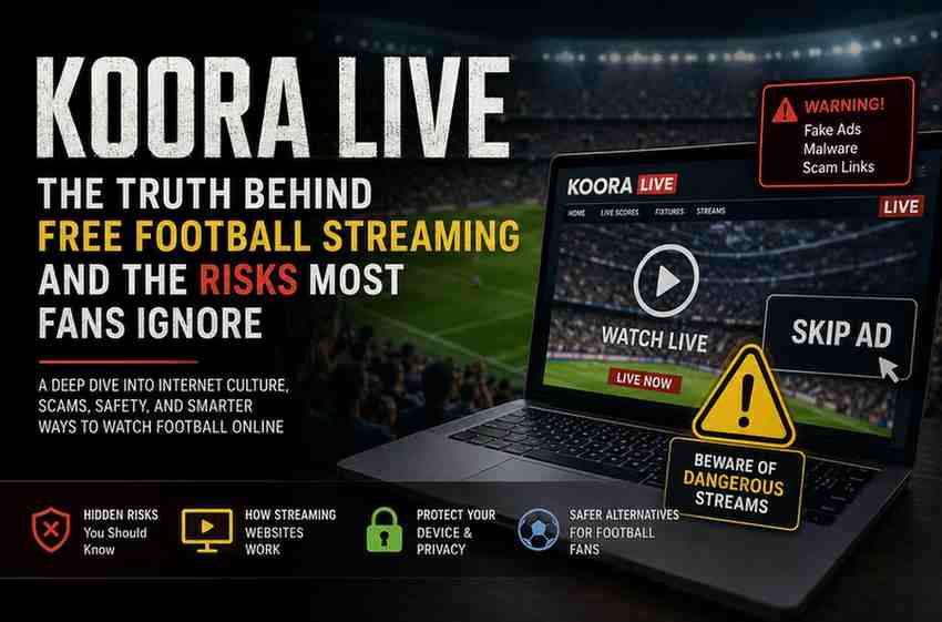 A professional blog banner showing a football streaming website on a laptop with warning signs about malware, fake ads, scam links, and the hidden risks of free football streaming platforms like Koora Live.