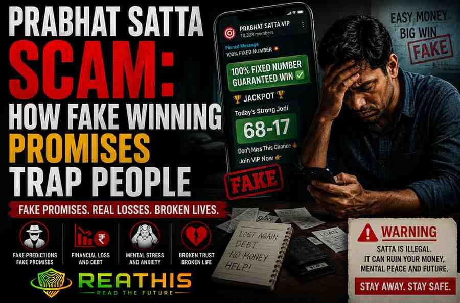 Awareness poster showing a distressed man looking at fake Prabhat Satta winning messages on a smartphone alongside warnings about gambling scams, financial loss, addiction, and emotional stress.