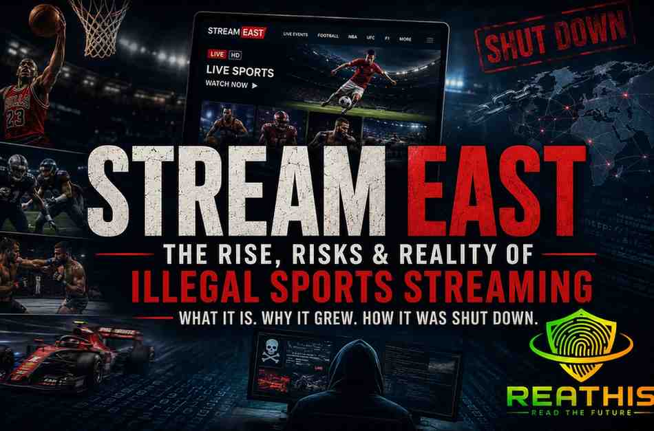 Dark cinematic cover image showing StreamEast illegal sports streaming with sports visuals, shutdown warnings, hacker themes, and Reathis branding.