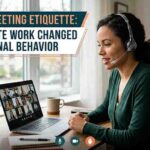 Professional virtual meeting etiquette blog banner showing a remote employee in a video conference discussing remote work communication and online professionalism.
