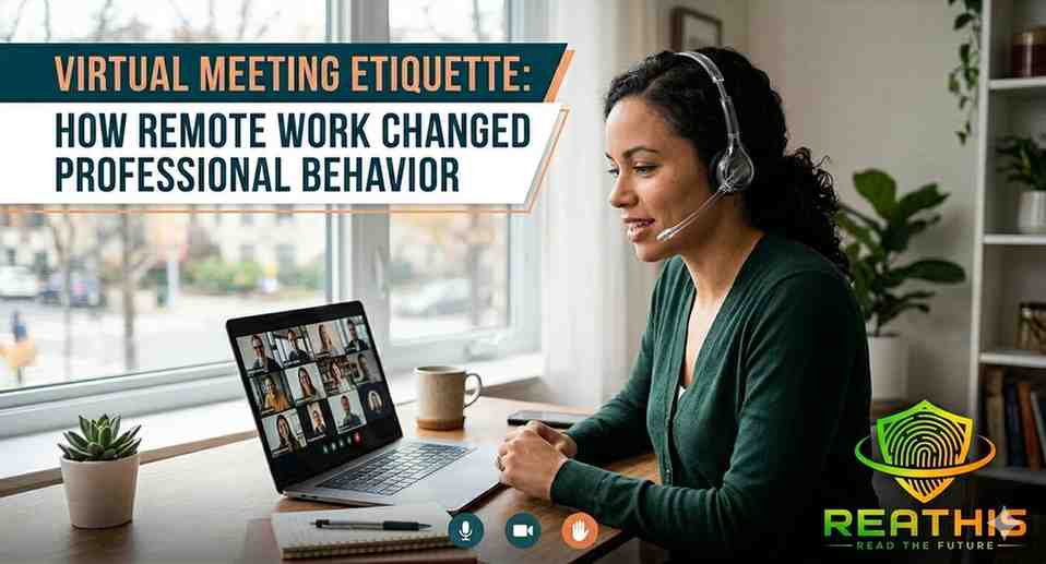 Professional virtual meeting etiquette blog banner showing a remote employee in a video conference discussing remote work communication and online professionalism.