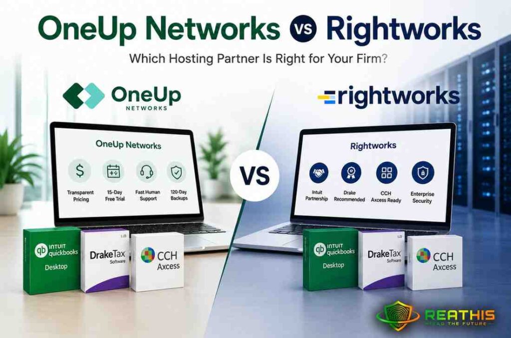 OneUp Networks vs Rightworks comparison showing pricing, free trial, support, QuickBooks hosting, Drake Tax hosting, and CCH hosting features for accounting firms.