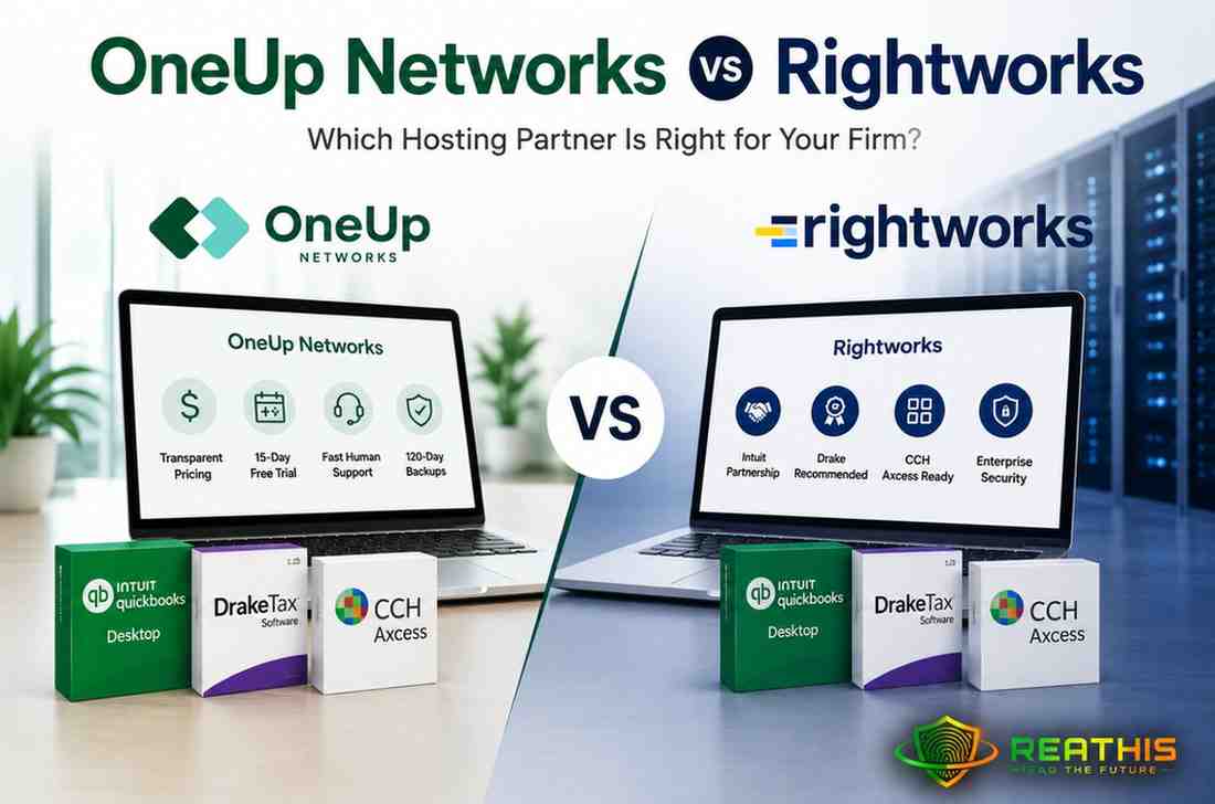 OneUp Networks vs Rightworks comparison showing pricing, free trial, support, QuickBooks hosting, Drake Tax hosting, and CCH hosting features for accounting firms.