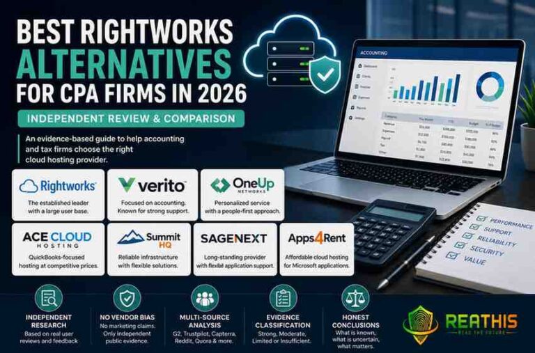Independent comparison chart of Rightworks alternatives for CPA firms including Verito, OneUp Networks, Ace Cloud Hosting, Summit HQ, Sagenext, and Apps4Rent with ReaThis branding.