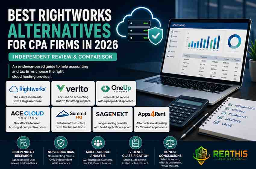 Independent comparison chart of Rightworks alternatives for CPA firms including Verito, OneUp Networks, Ace Cloud Hosting, Summit HQ, Sagenext, and Apps4Rent with ReaThis branding.