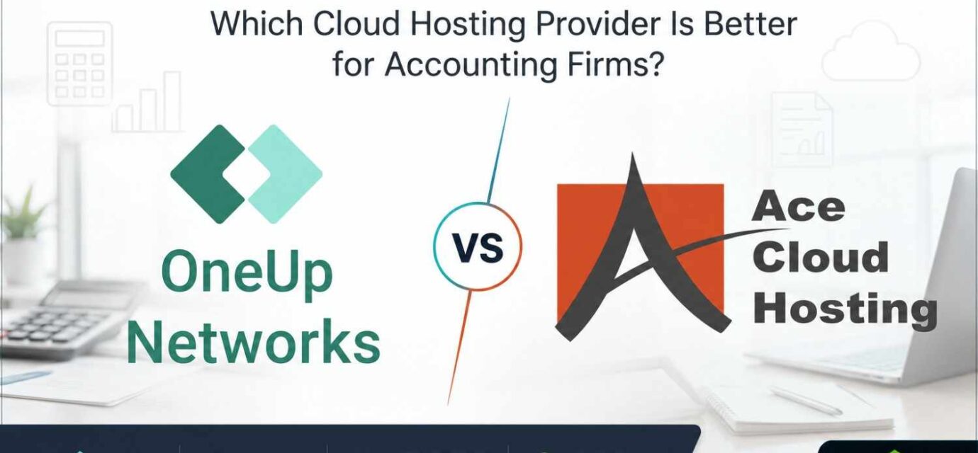 OneUp Networks vs Ace Cloud Hosting comparison for accounting firms featuring cloud hosting, security, performance, and pricing analysis with ReaThis branding.