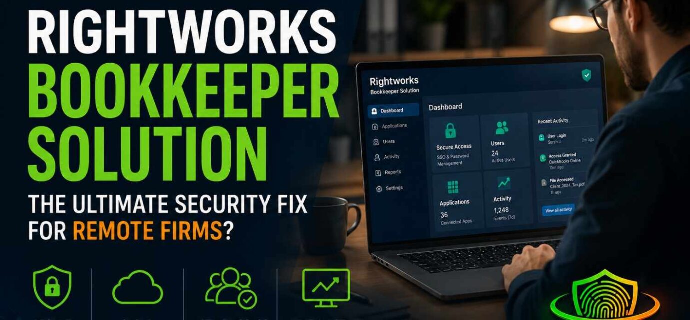 Rightworks Bookkeeper Solution review thumbnail showing secure cloud workspace, access management dashboard, cybersecurity features, and ReaThis branding.
