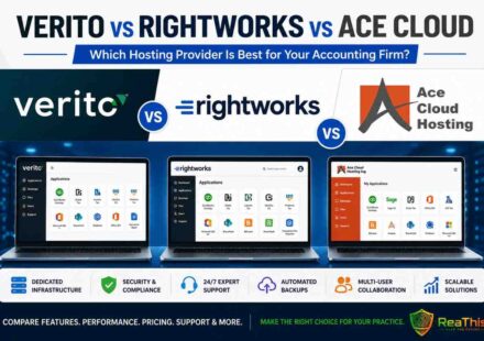 Comparison banner featuring Verito, Rightworks, and ACE Cloud Hosting logos with cloud-hosting dashboards and key features for accounting and CPA firms.
