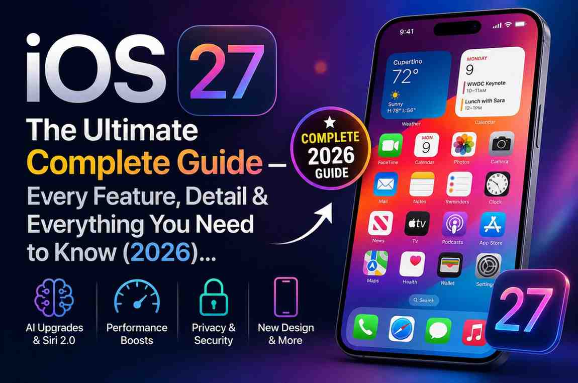 iOS 27 complete guide featuring Apple Intelligence, Siri AI, new features, supported devices, release date, and beta updates