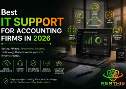 Best IT support for accounting firms in 2026 featuring cloud hosting, cybersecurity, managed IT services, accounting software support, and ReaThis branding.