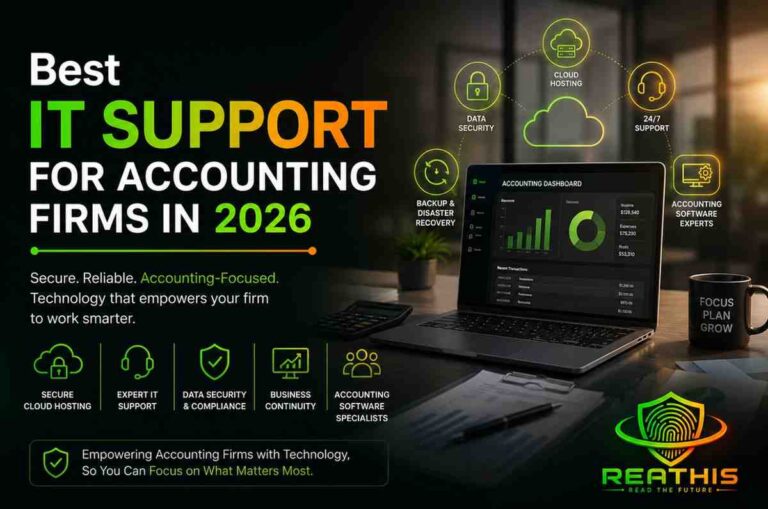 Best IT support for accounting firms in 2026 featuring cloud hosting, cybersecurity, managed IT services, accounting software support, and ReaThis branding.