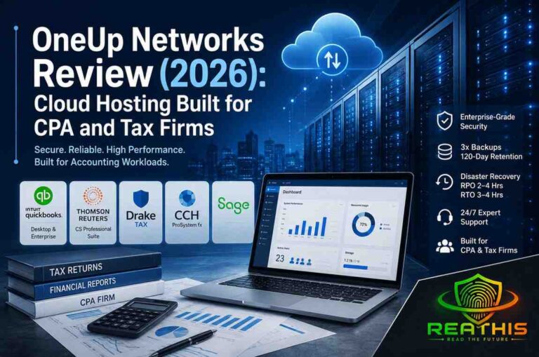 OneUp Networks Review 2026 cloud hosting for CPA and tax firms featuring QuickBooks, Thomson Reuters, Drake Tax, CCH, Sage, enterprise security, and managed cloud infrastructure