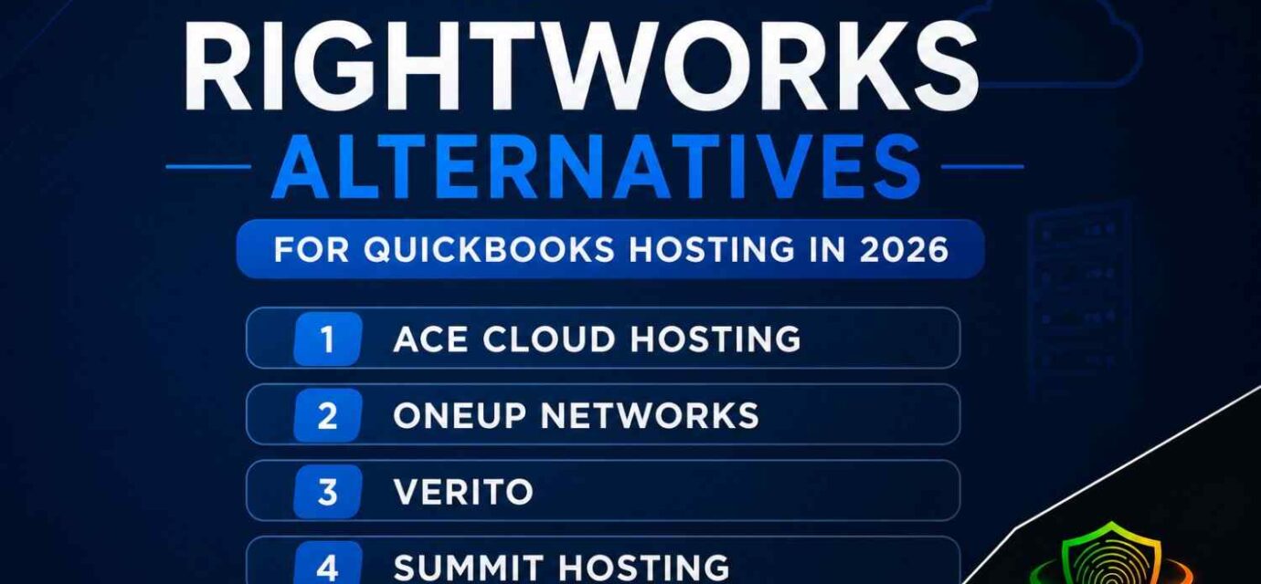 Top 5 Rightworks alternatives for QuickBooks hosting in 2026 featuring Ace Cloud Hosting, OneUp Networks, Verito, Summit Hosting, and Apps4Rent with Reathis branding.