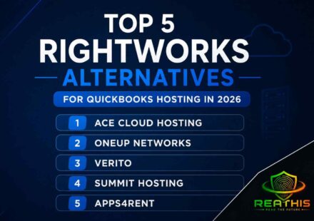 Top 5 Rightworks alternatives for QuickBooks hosting in 2026 featuring Ace Cloud Hosting, OneUp Networks, Verito, Summit Hosting, and Apps4Rent with Reathis branding.