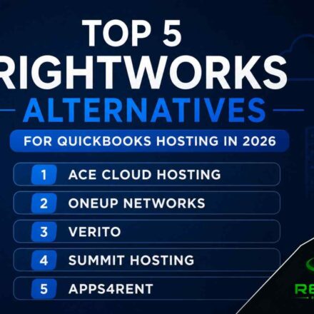 Top 5 Rightworks alternatives for QuickBooks hosting in 2026 featuring Ace Cloud Hosting, OneUp Networks, Verito, Summit Hosting, and Apps4Rent with Reathis branding.