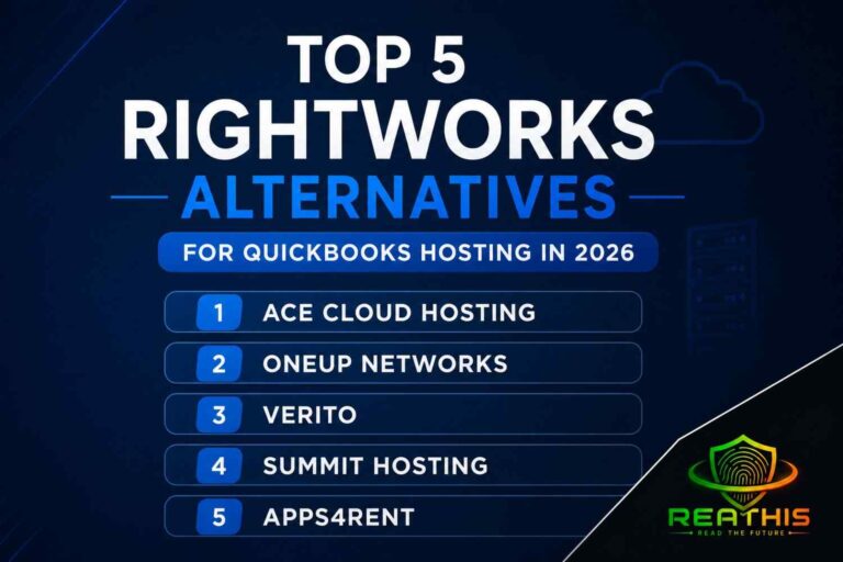 Top 5 Rightworks alternatives for QuickBooks hosting in 2026 featuring Ace Cloud Hosting, OneUp Networks, Verito, Summit Hosting, and Apps4Rent with Reathis branding.