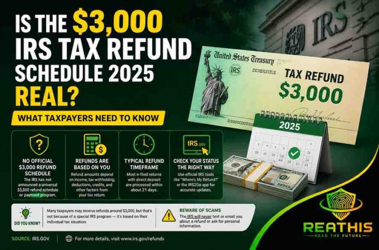 Illustration showing IRS tax refund information with refund status icons, tax documents, and ReaThis branding for the $3,000 IRS Tax Refund Schedule 2025 fact-check article.