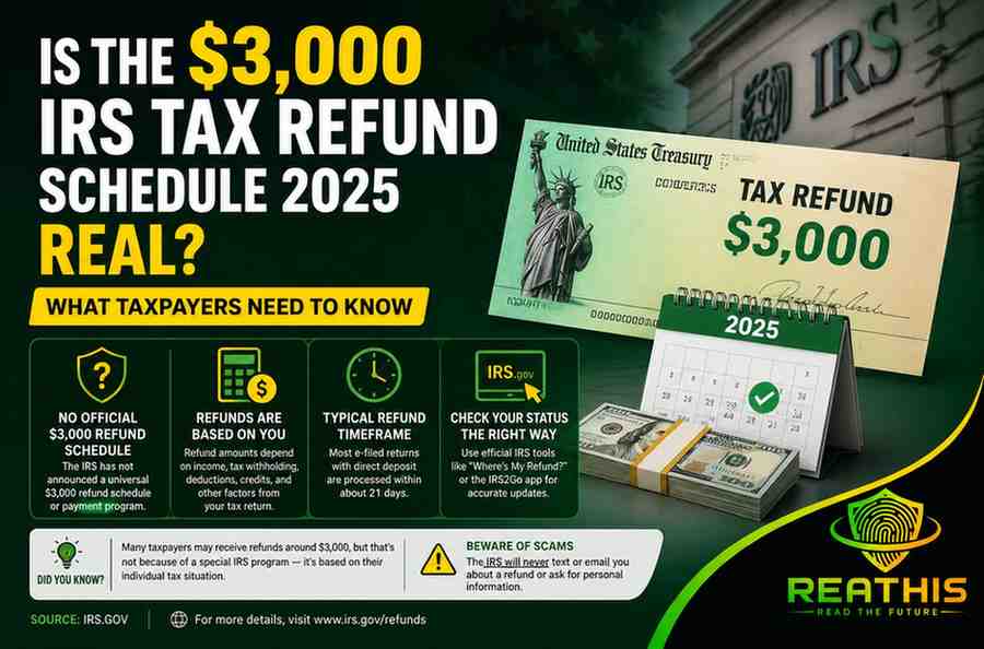 Illustration showing IRS tax refund information with refund status icons, tax documents, and ReaThis branding for the $3,000 IRS Tax Refund Schedule 2025 fact-check article.
