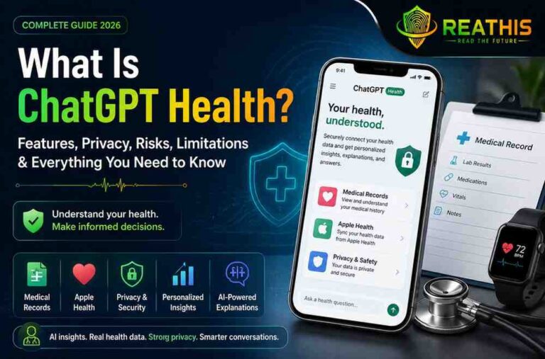 Featured image for ChatGPT Health showing medical records, Apple Health integration, privacy, safety, and the ReaThis logo.