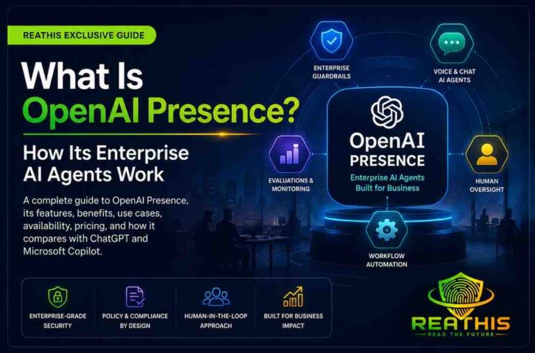 Featured image for the ReaThis article "What Is OpenAI Presence? Enterprise AI Agents Explained," showing futuristic AI network graphics with the ReaThis logo in the bottom-right corner.