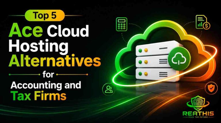 Top 5 Ace Cloud Hosting Alternatives for Accounting and Tax Firms featured image with cloud hosting servers, accounting technology visuals, and ReaThis branding.