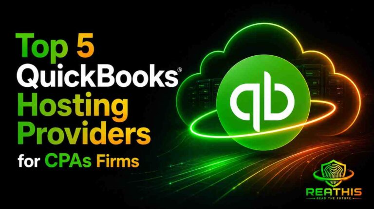 Top 5 QuickBooks Hosting Providers for CPA Firms featured image with QuickBooks logo, cloud hosting graphics, dark background, and ReaThis branding.