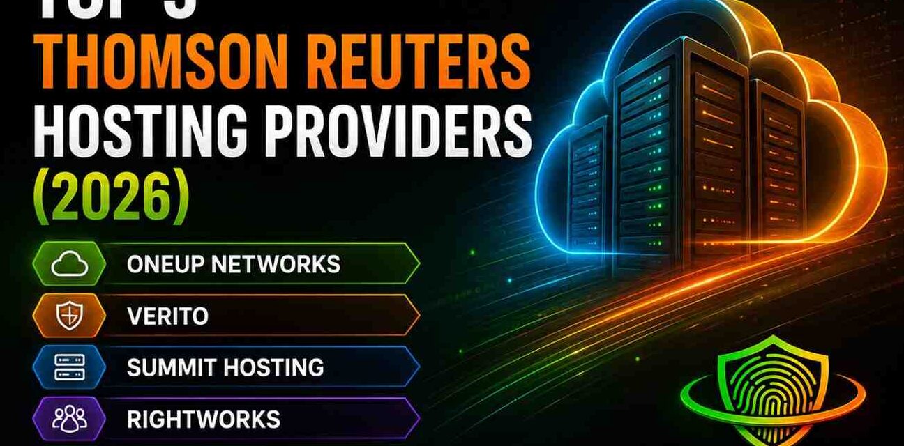 Illustration showing the top 5 Thomson Reuters hosting providers in 2026: OneUp Networks, Verito, Summit Hosting, Rightworks, and Ace Cloud Hosting with cloud server graphics.