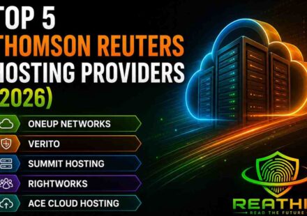 Illustration showing the top 5 Thomson Reuters hosting providers in 2026: OneUp Networks, Verito, Summit Hosting, Rightworks, and Ace Cloud Hosting with cloud server graphics.