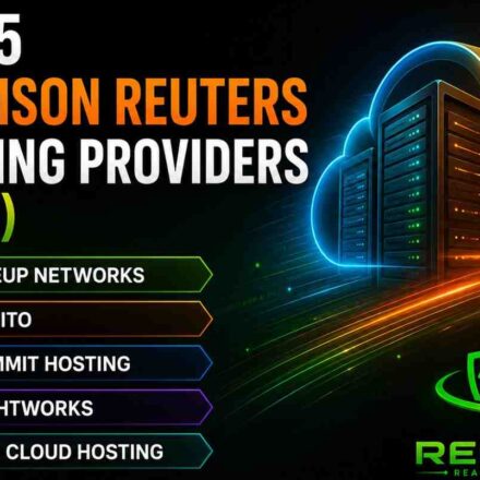 Illustration showing the top 5 Thomson Reuters hosting providers in 2026: OneUp Networks, Verito, Summit Hosting, Rightworks, and Ace Cloud Hosting with cloud server graphics.