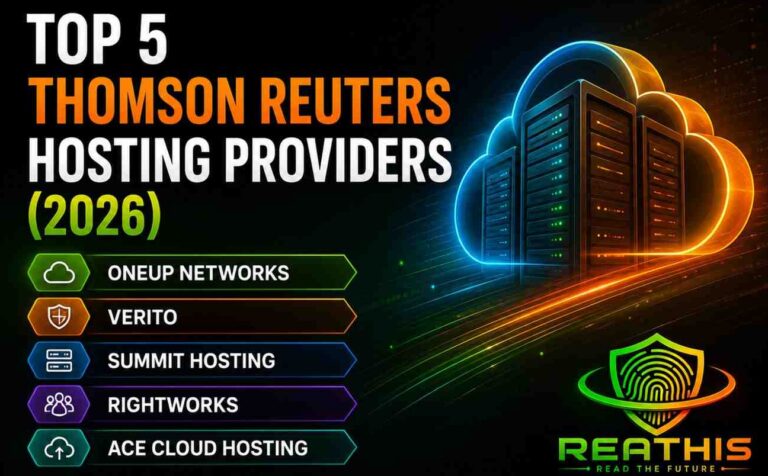 Illustration showing the top 5 Thomson Reuters hosting providers in 2026: OneUp Networks, Verito, Summit Hosting, Rightworks, and Ace Cloud Hosting with cloud server graphics.