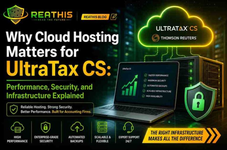 Illustration showing UltraTax CS cloud hosting infrastructure with secure servers, performance optimization, and cybersecurity protection for accounting firms.