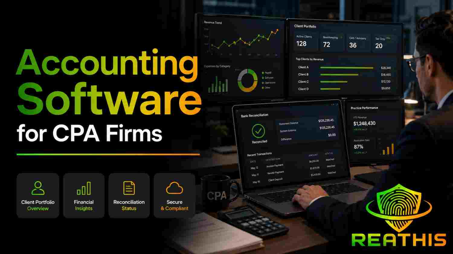 CPA reviewing accounting software dashboards for client portfolios, financial reporting, and reconciliation