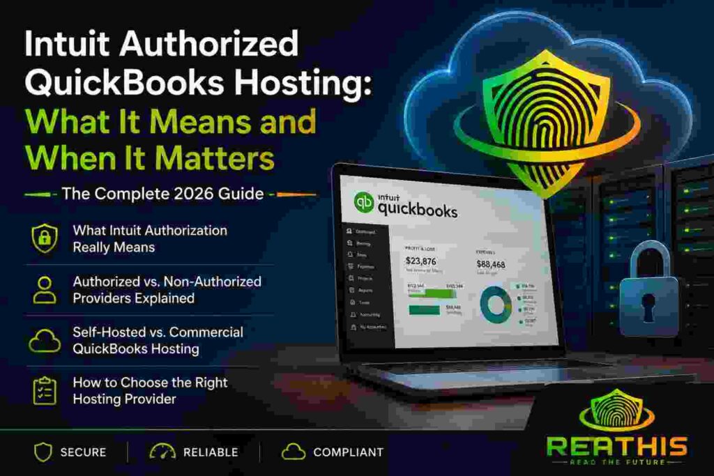 Intuit Authorized QuickBooks Hosting explained with cloud hosting, security, provider authorization, and QuickBooks Desktop concepts.