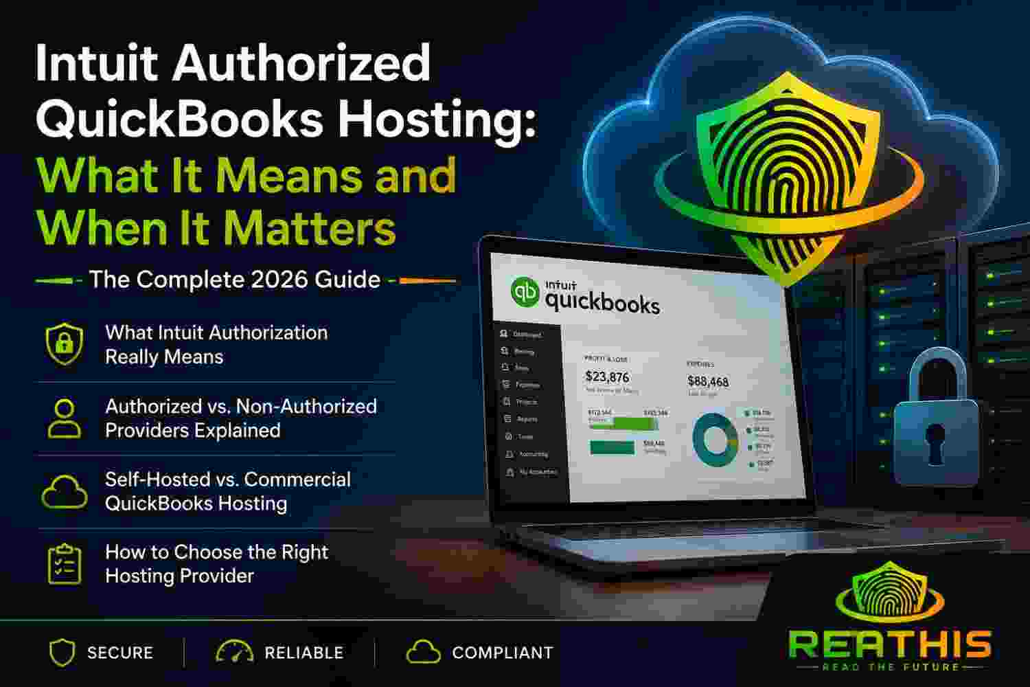 Intuit Authorized QuickBooks Hosting explained with cloud hosting, security, provider authorization, and QuickBooks Desktop concepts.