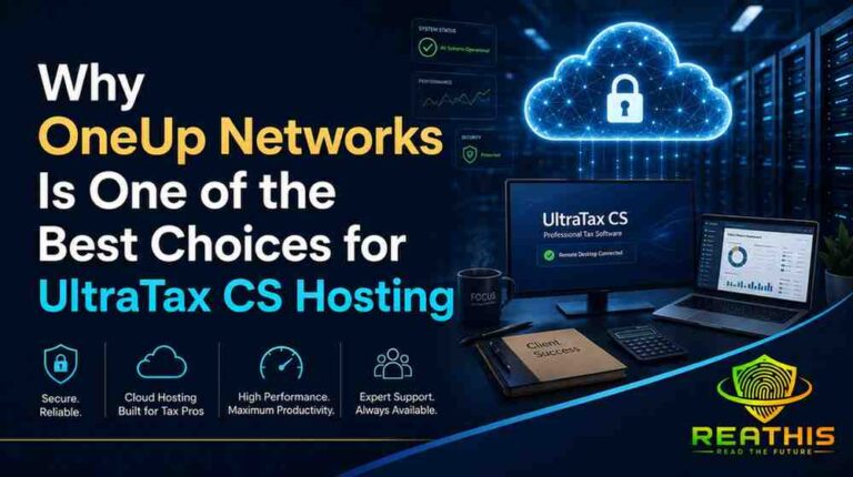 OneUp Networks UltraTax CS hosting with secure cloud servers, remote desktop access, performance monitoring, and ReaThis branding.