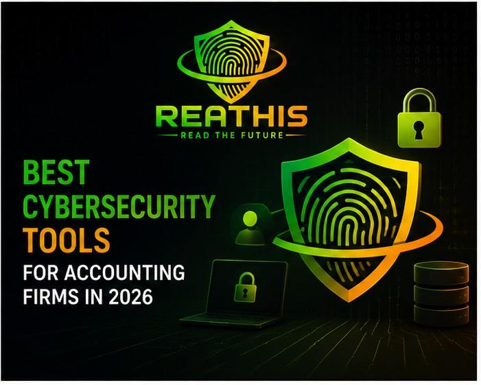 Best cybersecurity tools for accounting firms in 2026 showing MFA, email security, endpoint protection, threat detection, backup, and ReaThis branding.