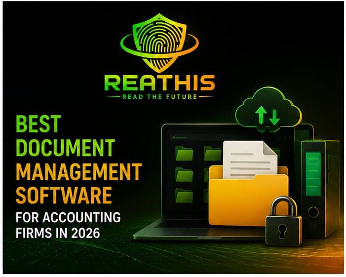 Best document management software for accounting firms in 2026 with secure storage, document workflow, client collaboration, search, and ReaThis branding.