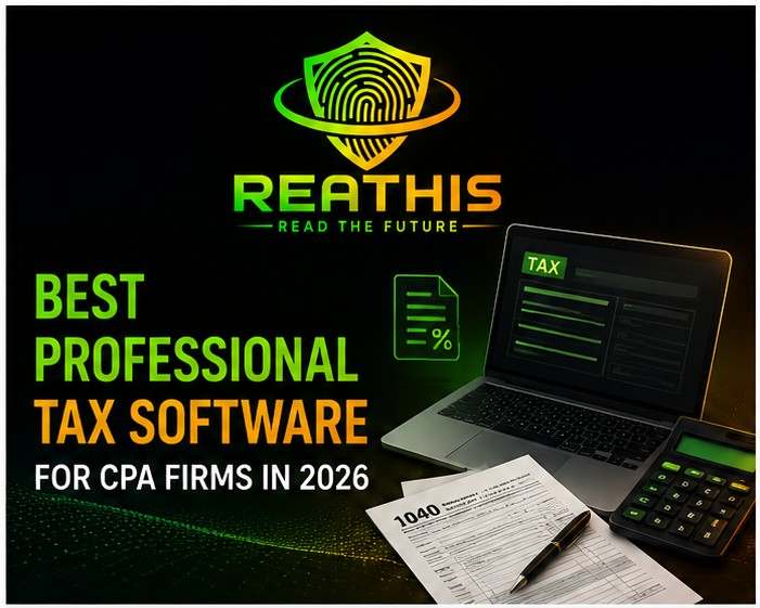 Best professional tax software for CPA firms in 2026 with tax preparation dashboard, 1040 form, calculator, and ReaThis branding.