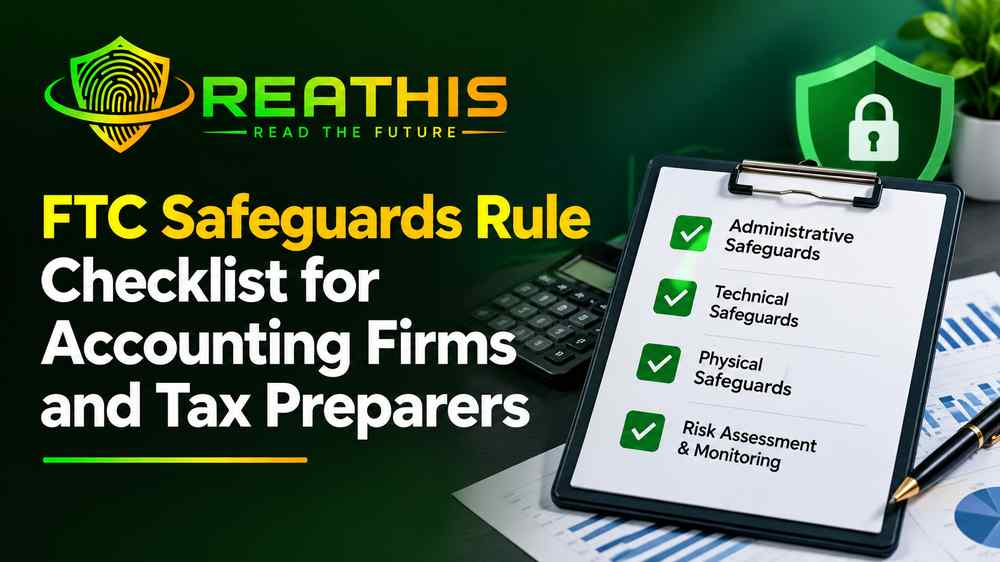 FTC Safeguards Rule checklist for accounting firms and tax preparers, featuring cybersecurity safeguards and the ReaThis logo.