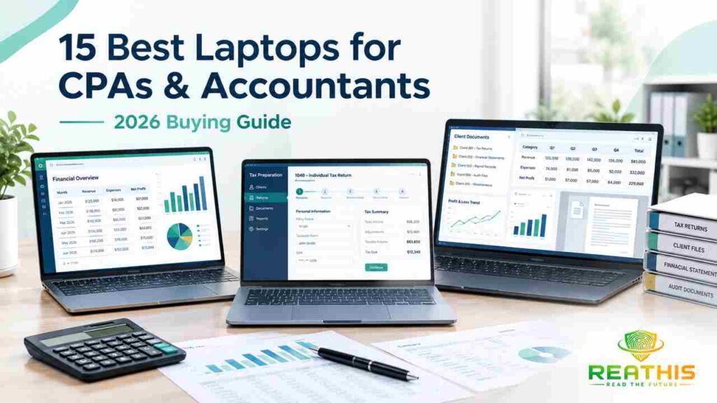 15 Best Laptops for CPAs and Accountants in 2026 featuring three professional laptops and accounting screens